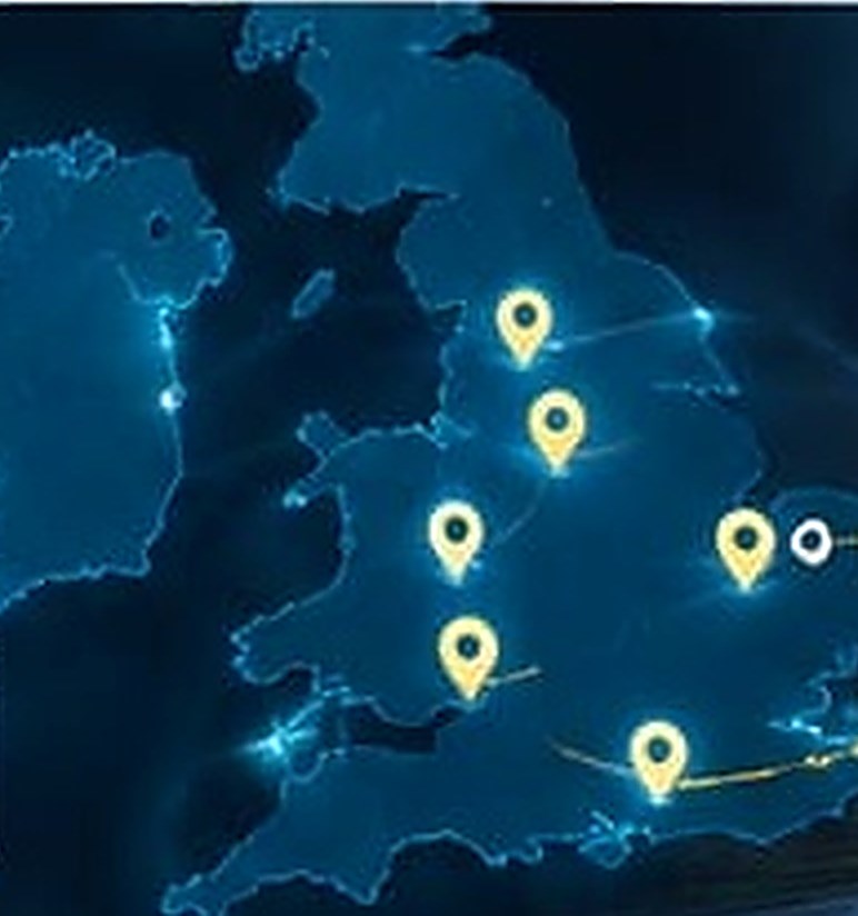 Map of the UK showing JP Fleet Ltd locations in Carlisle, York, Leeds, Birmingham, Leicester and Coventry